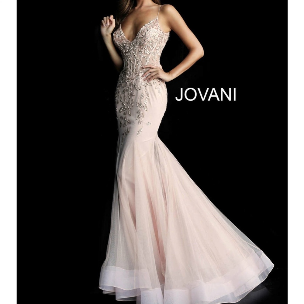 Jovani Light Blush Beaded Mermaid Gown